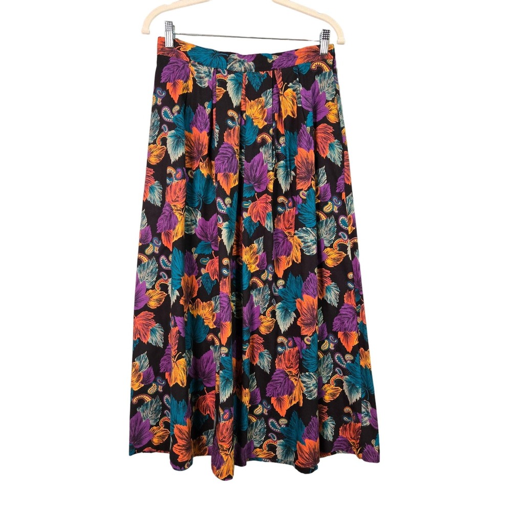 Vintage Womens M Fall Leaf‎ Leaves Floral Pleated A-Line Skirt Black Multicolor